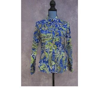 Jones New York Blue Yellow Paisley Blouse Size PM